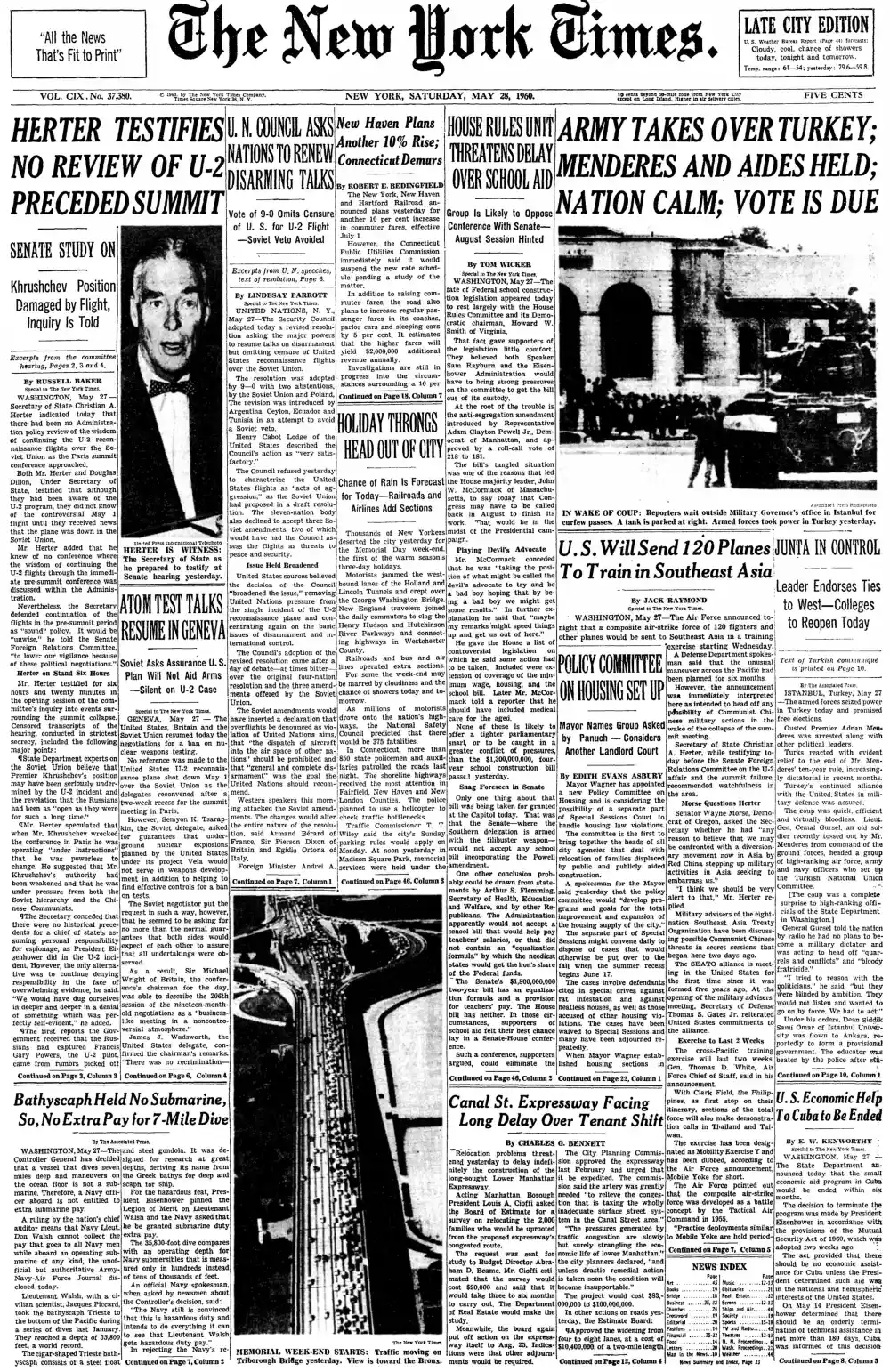 Saturday, May 28, 1960 – The New York Times Front Page
