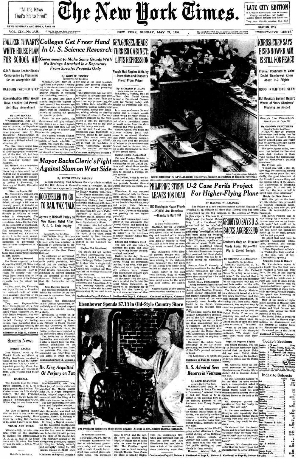 Sunday, May 29, 1960 – The New York Times Front Page