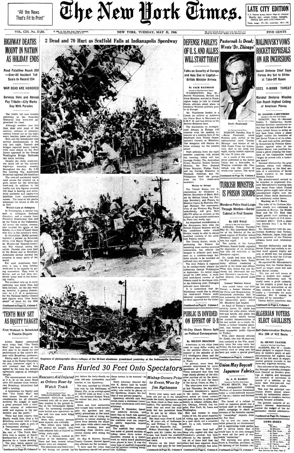 Tuesday, May 31, 1960 – The New York Times Front Page