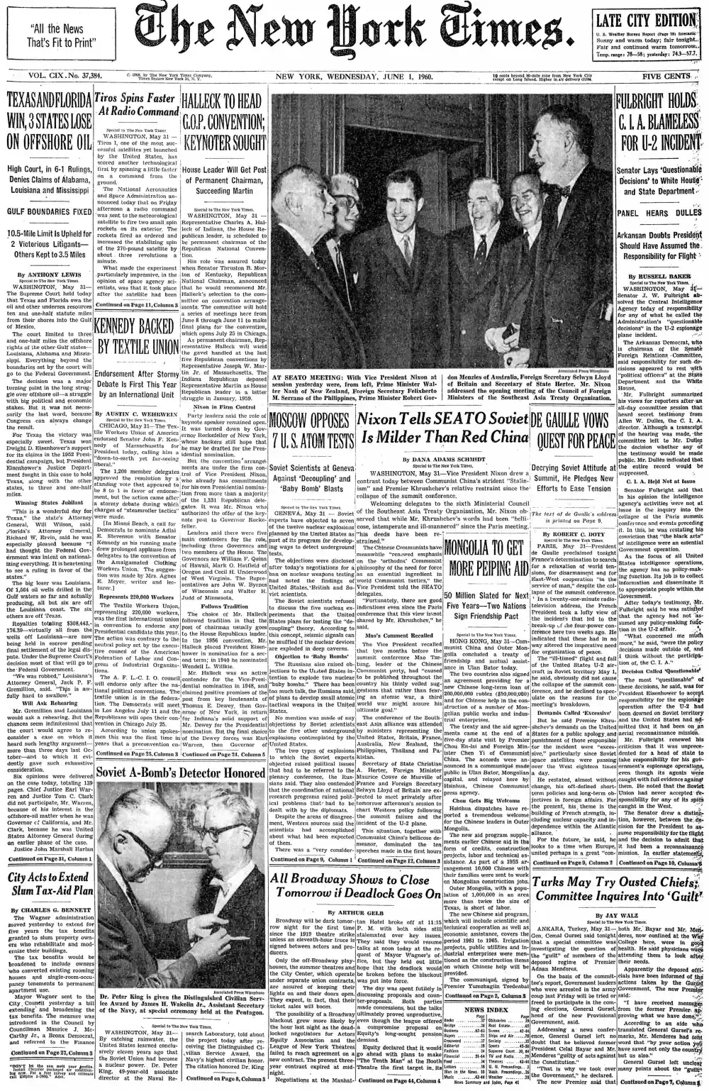 Wednesday, June 1, 1960 – The New York Times Front Page