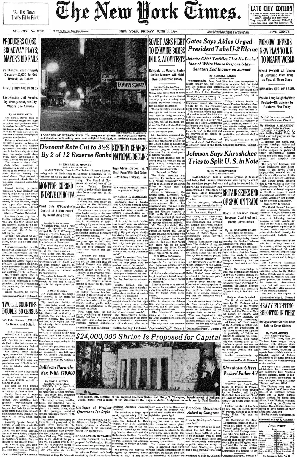 Friday, June 3, 1960 – The New York Times Front Page