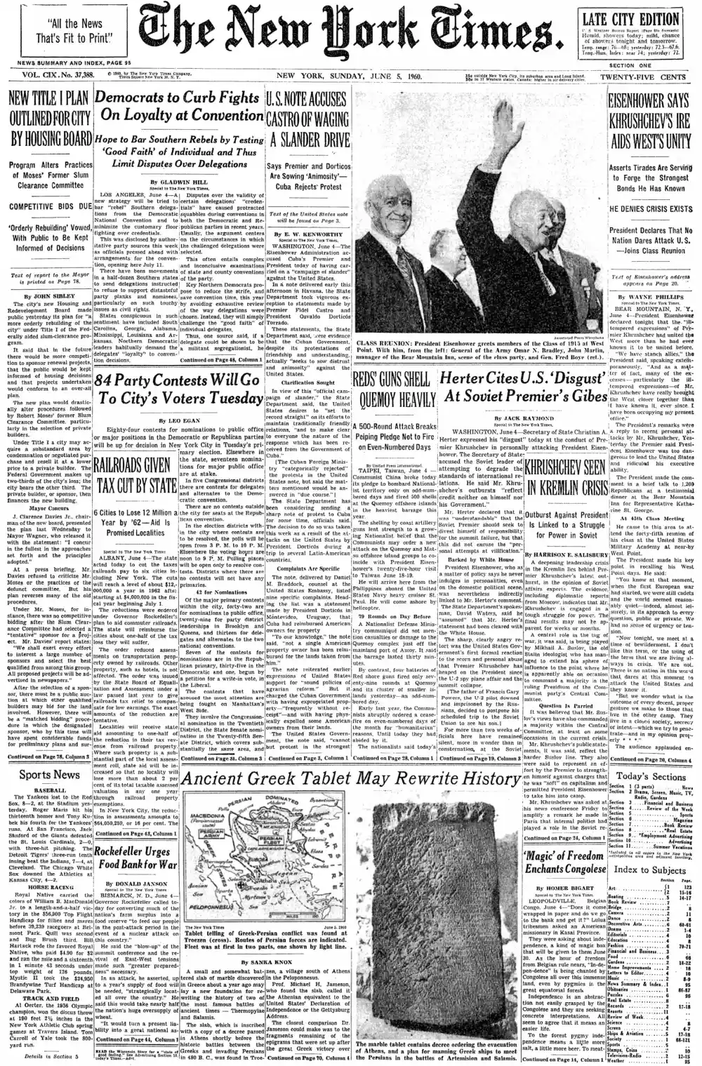 Sunday, June 5, 1960 – The New York Times Front Page
