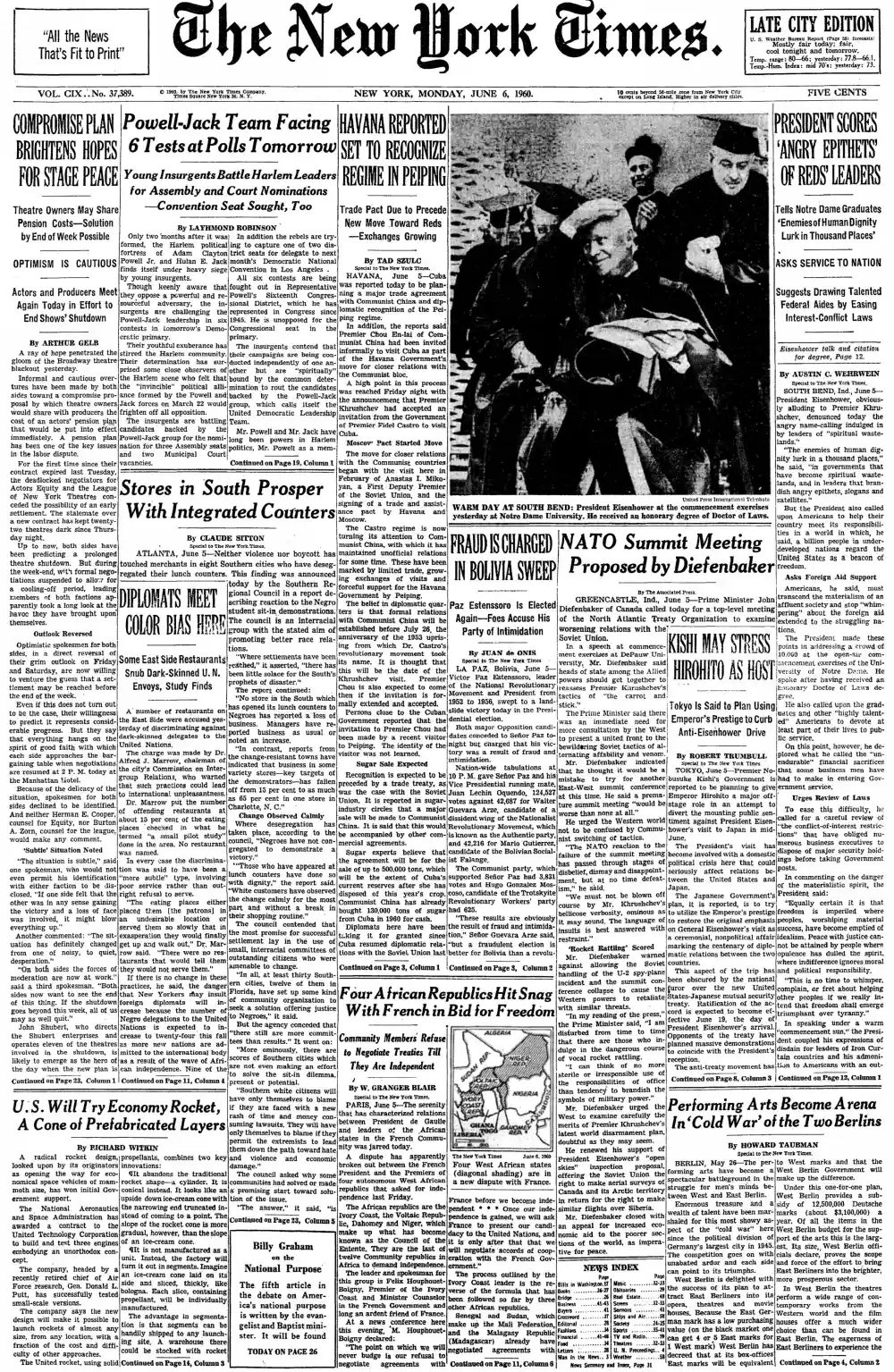 Monday, June 6, 1960 – The New York Times Front Page