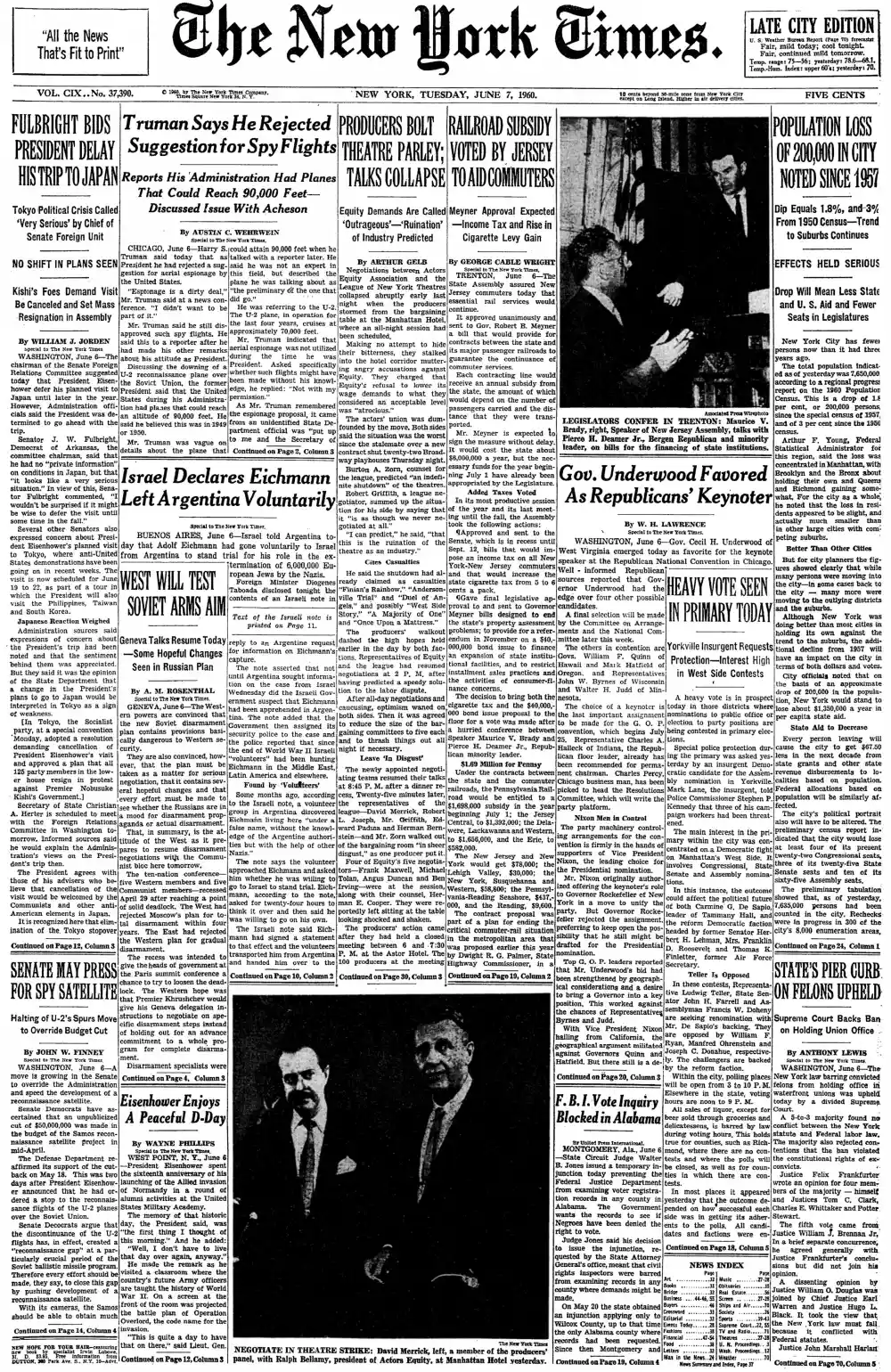 Tuesday, June 7, 1960 – The New York Times Front Page