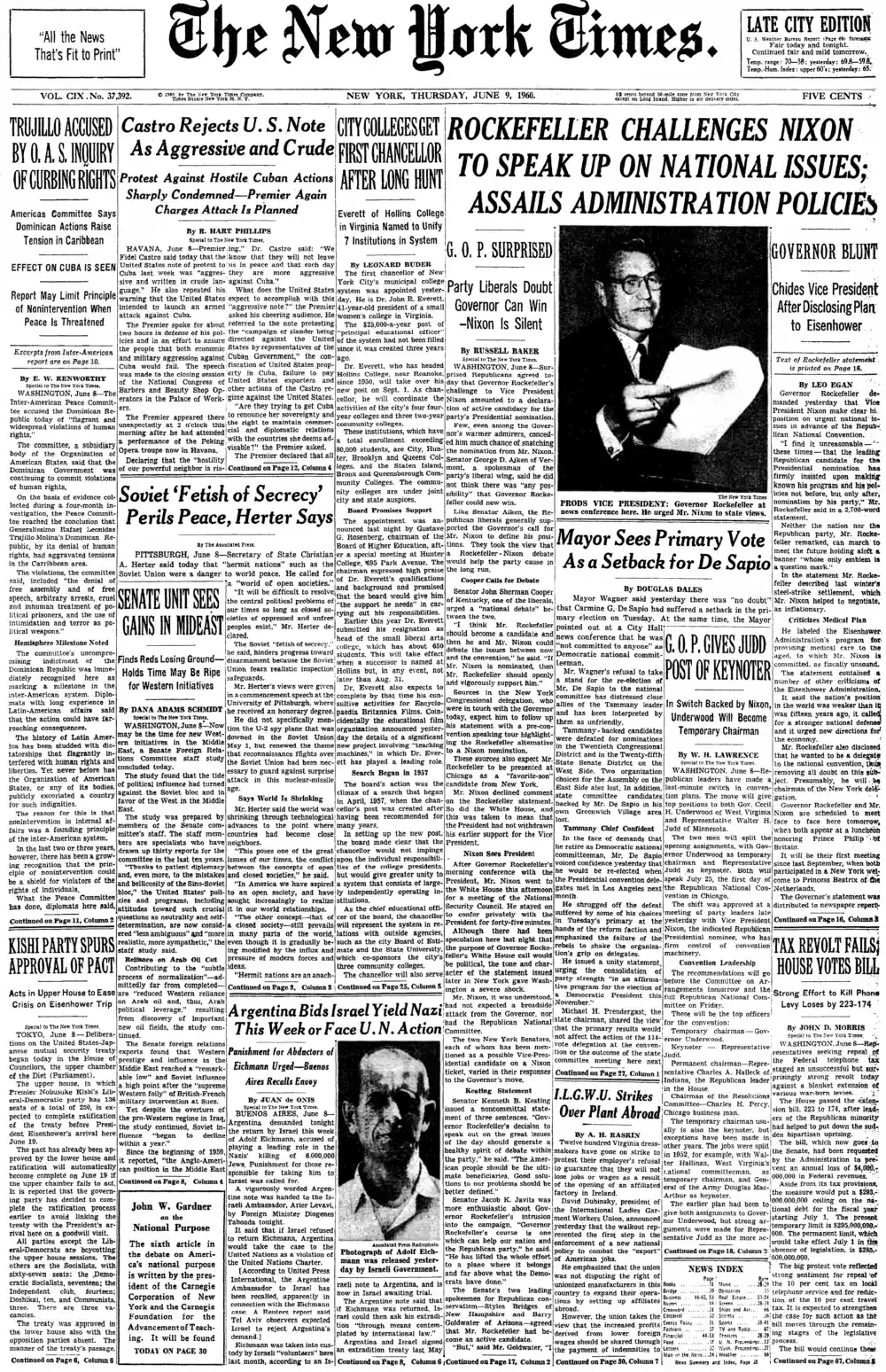 Thursday, June 9, 1960 – The New York Times Front Page