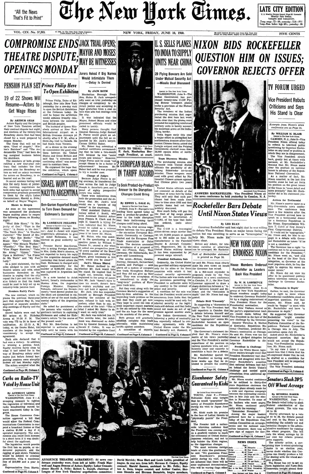 Friday, June 10, 1960 – The New York Times Front Page