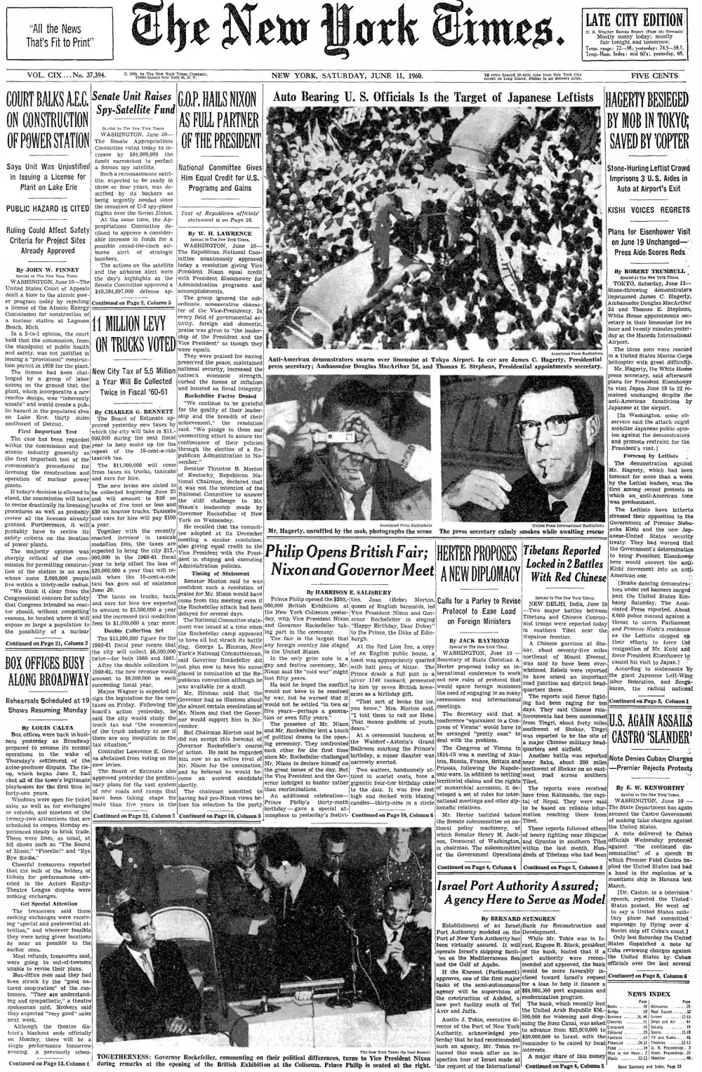 Saturday, June 11, 1960 – The New York Times Front Page