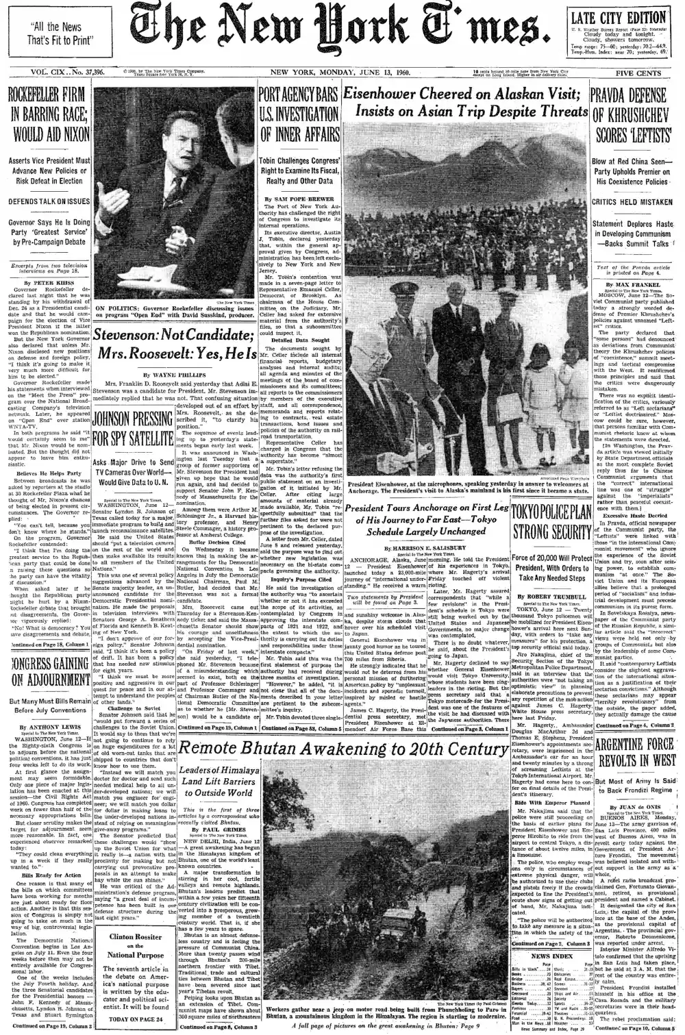 Monday, June 13, 1960 – The New York Times Front Page