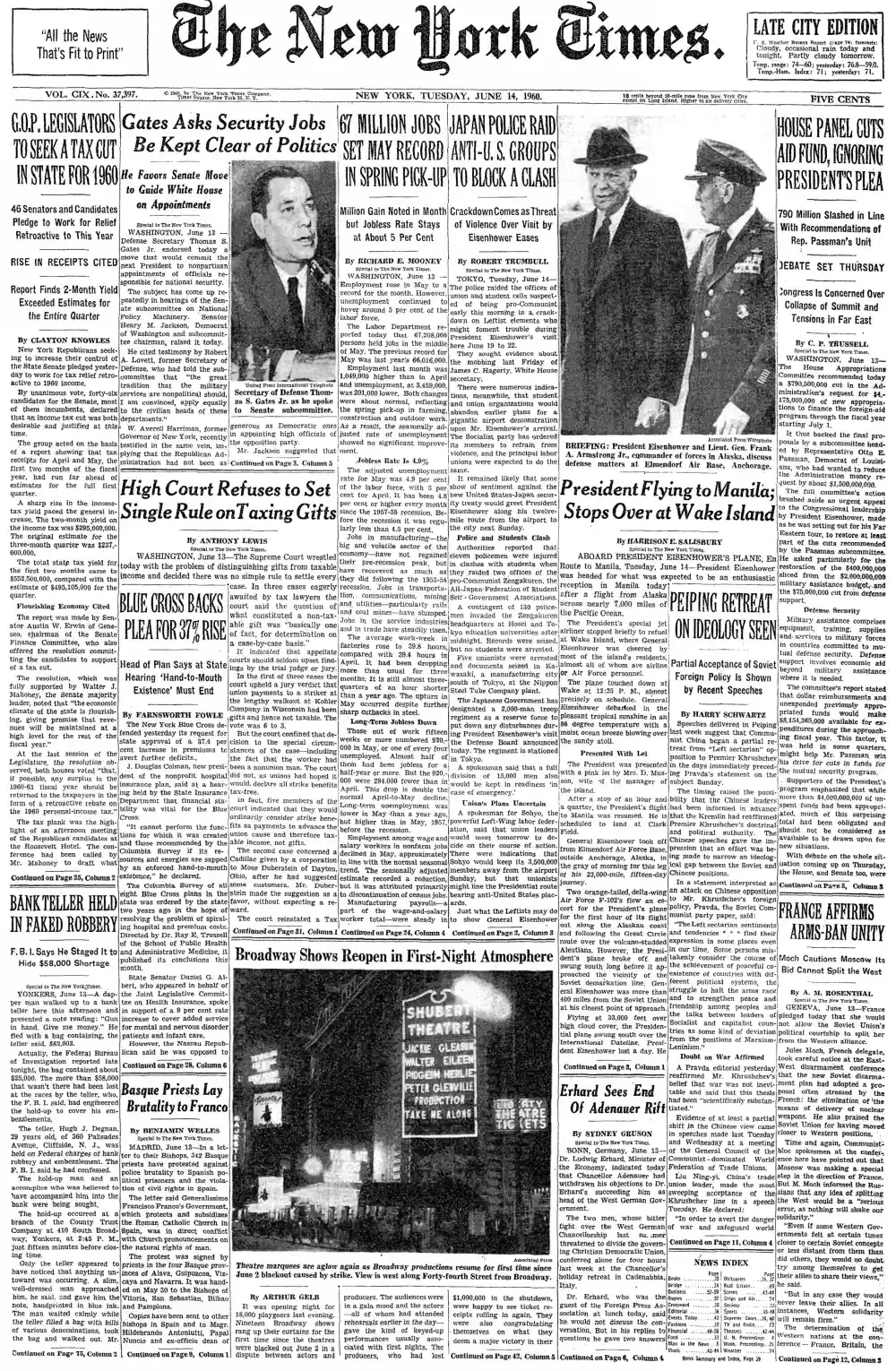 Tuesday, June 14, 1960 – The New York Times Front Page