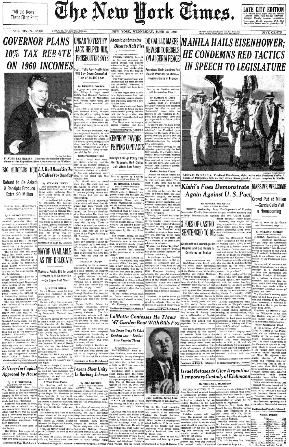 Wednesday, June 15, 1960 – The New York Times Front Page