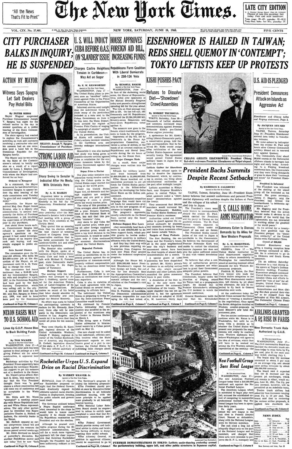 Saturday, June 18, 1960 – The New York Times Front Page