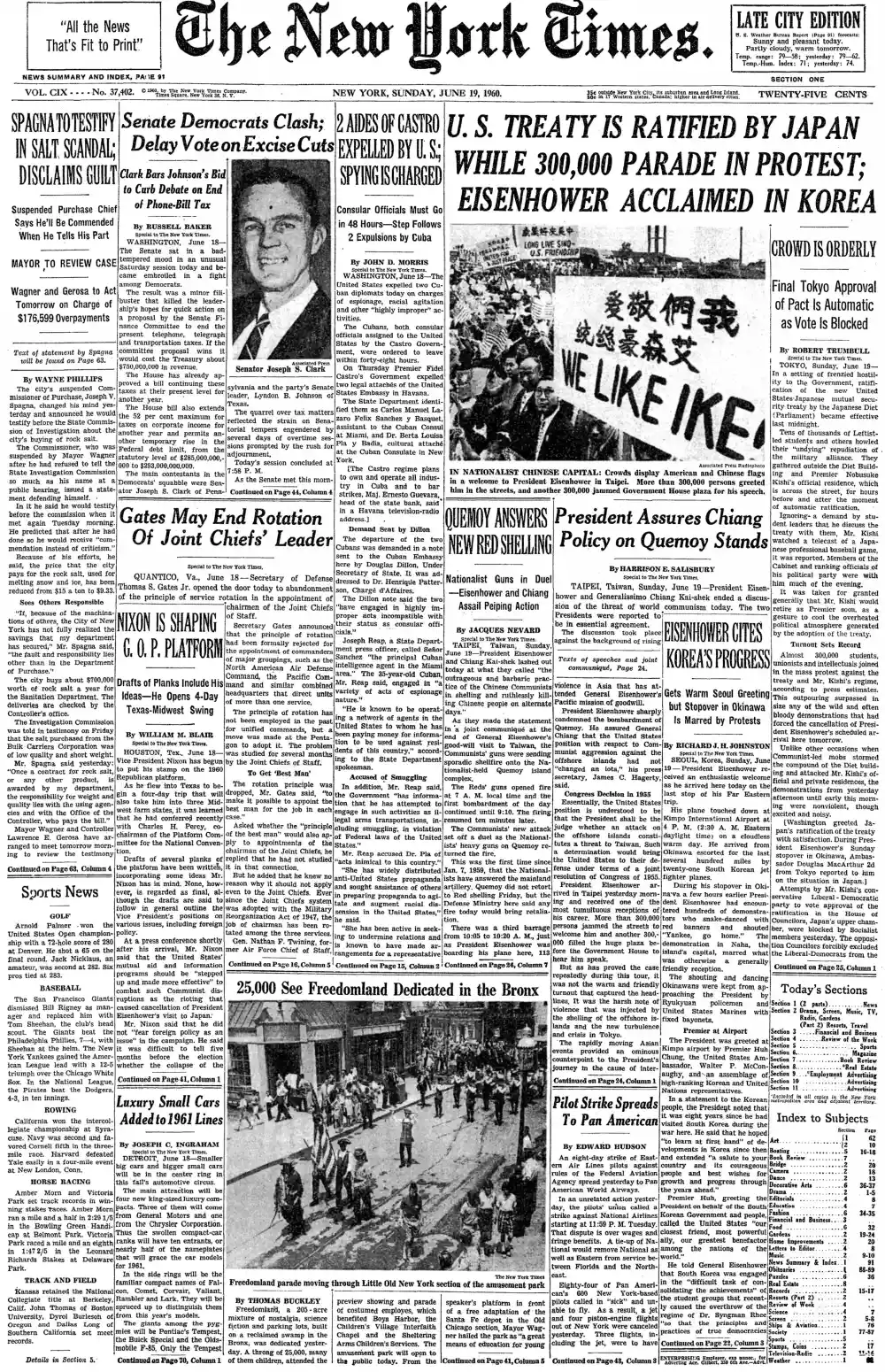 Sunday, June 19, 1960 – The New York Times Front Page
