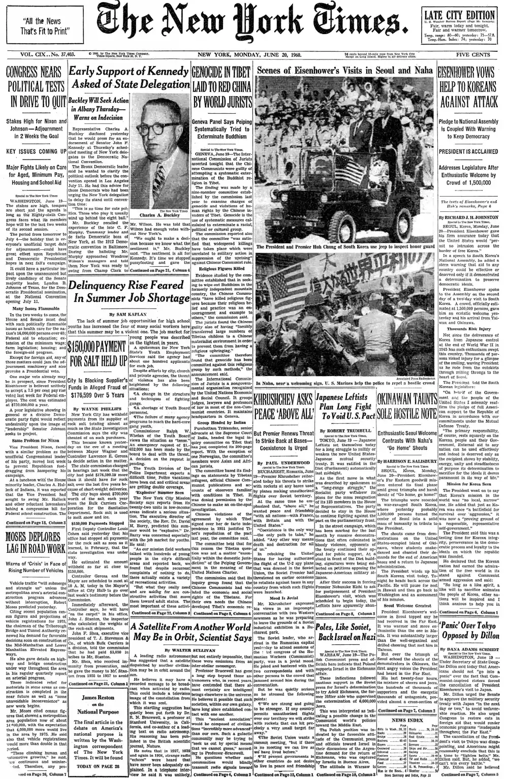 Monday, June 20, 1960 – The New York Times Front Page