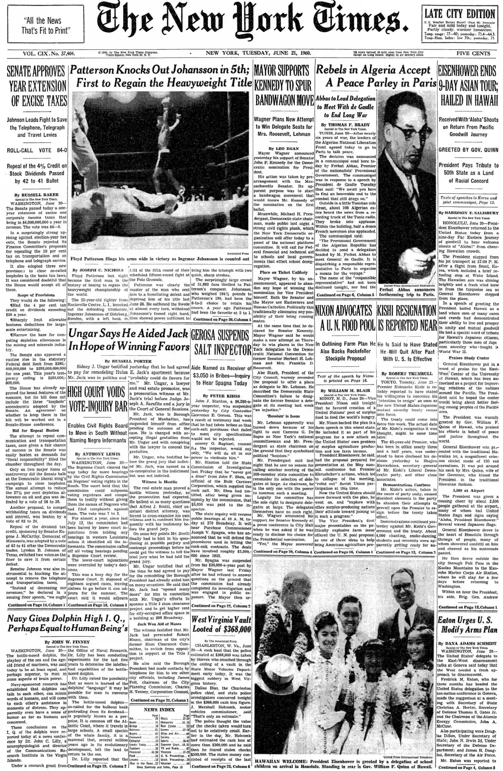 Tuesday, June 21, 1960 – The New York Times Front Page