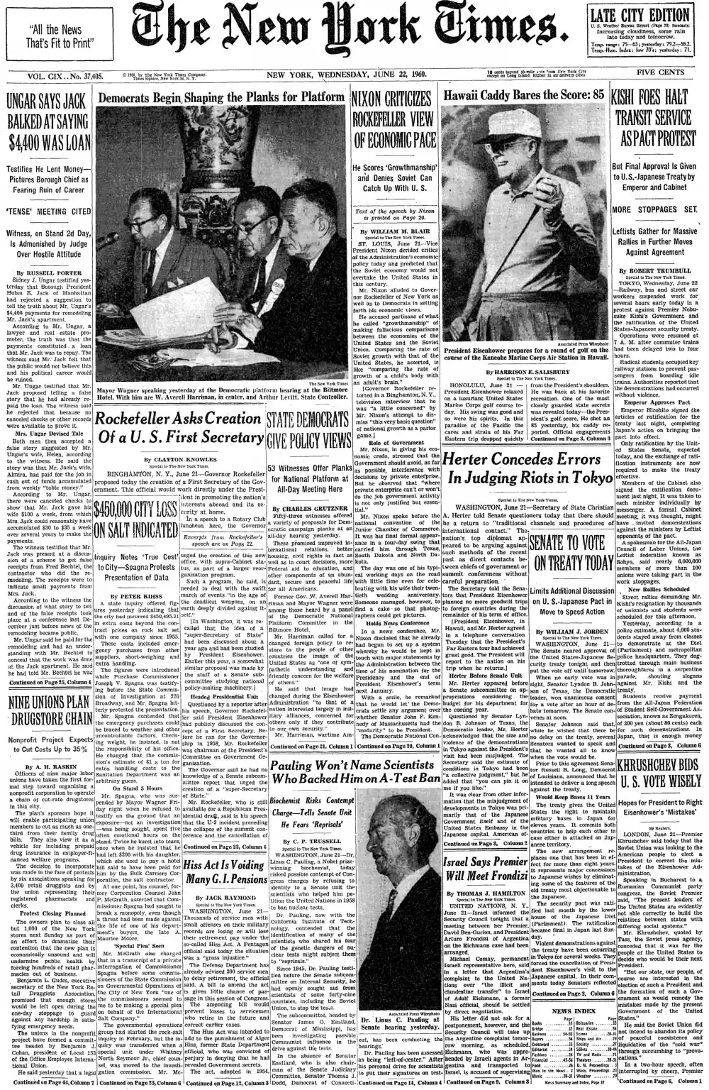 Wednesday, June 22, 1960 – The New York Times Front Page