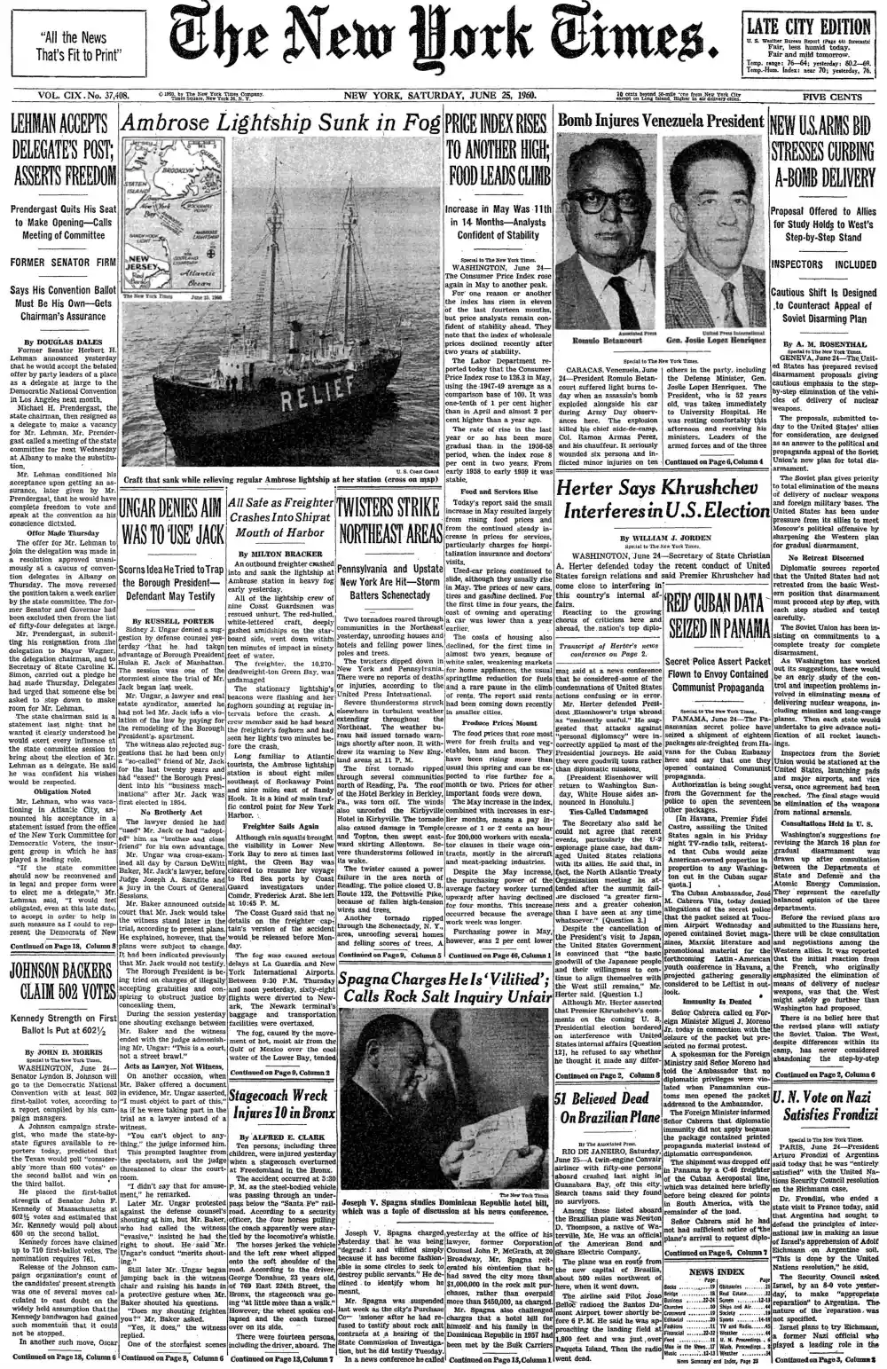 Saturday, June 25, 1960 – The New York Times Front Page