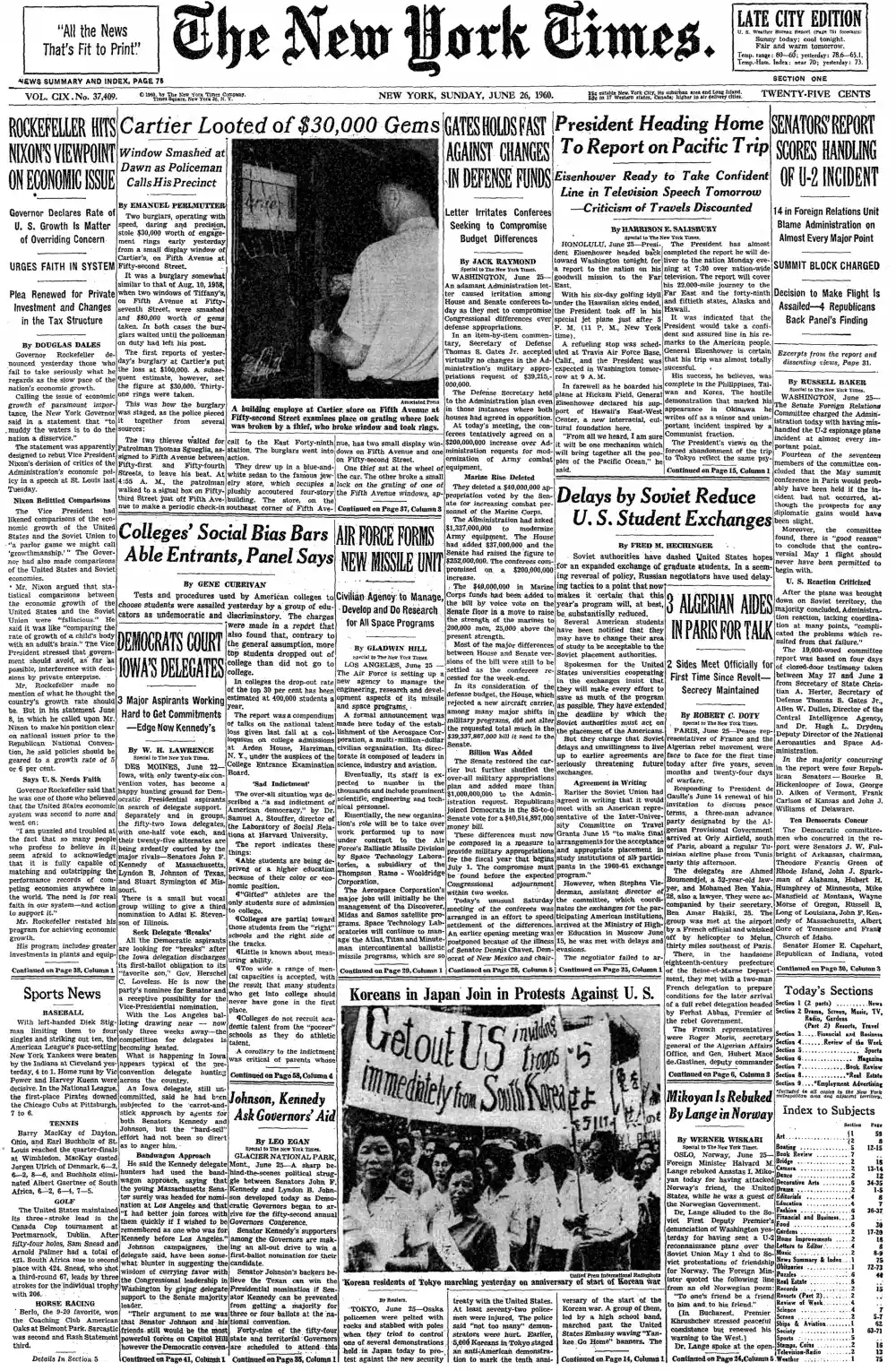 Sunday, June 26, 1960 – The New York Times Front Page