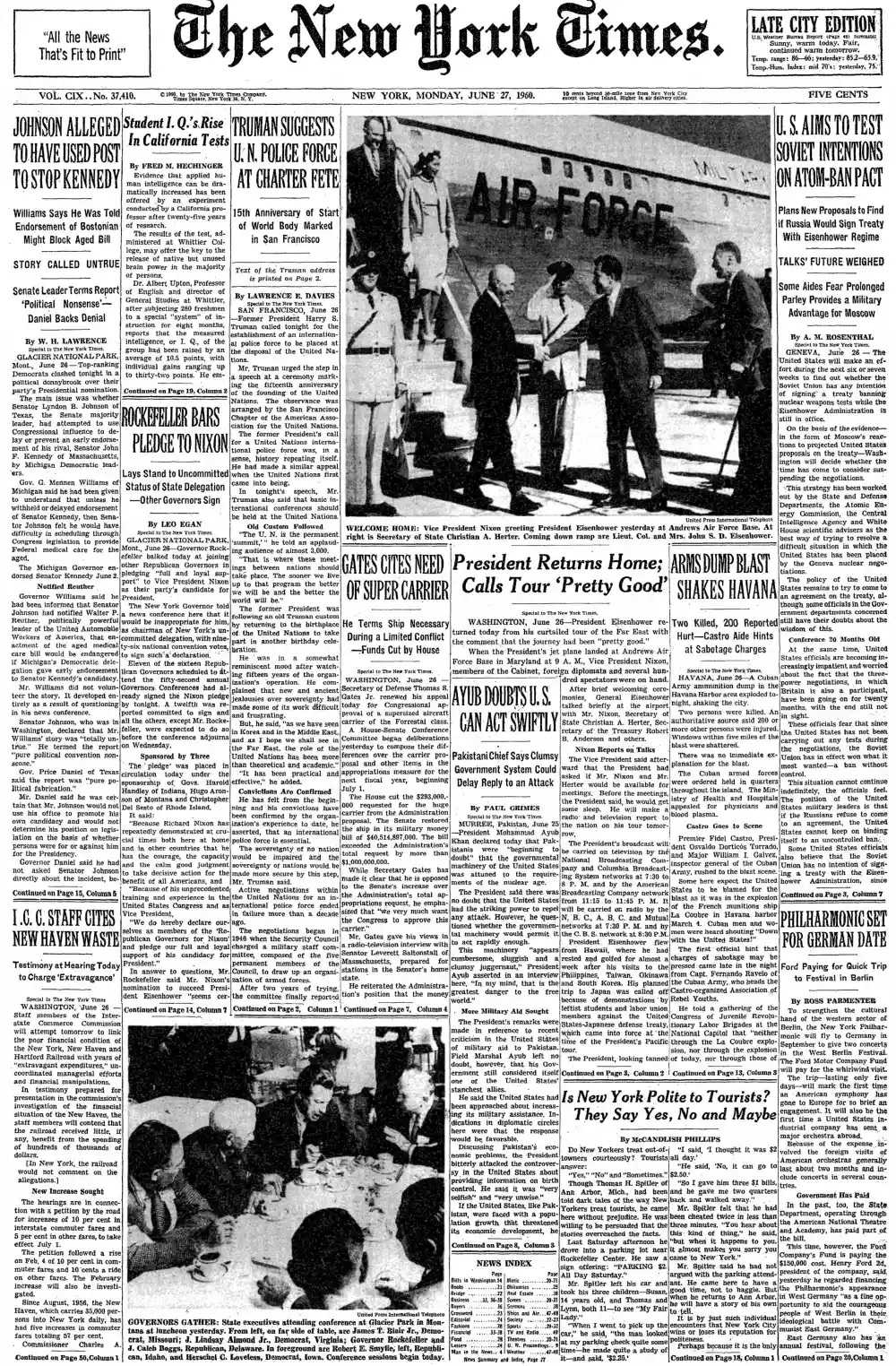 Monday, June 27, 1960 – The New York Times Front Page