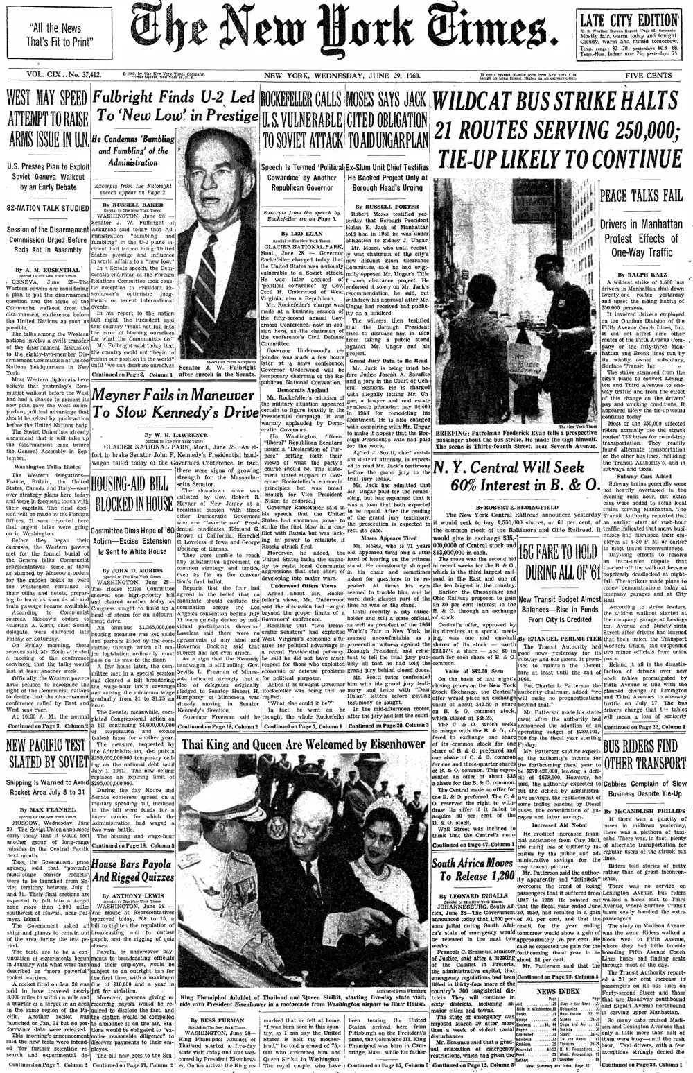 Wednesday, June 29, 1960 – The New York Times Front Page