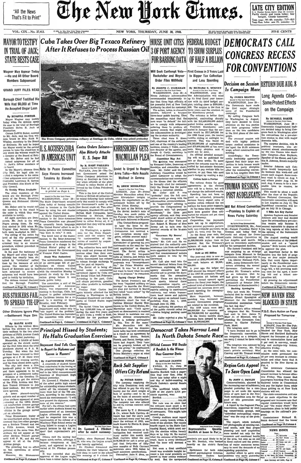 Thursday, June 30, 1960 – The New York Times Front Page
