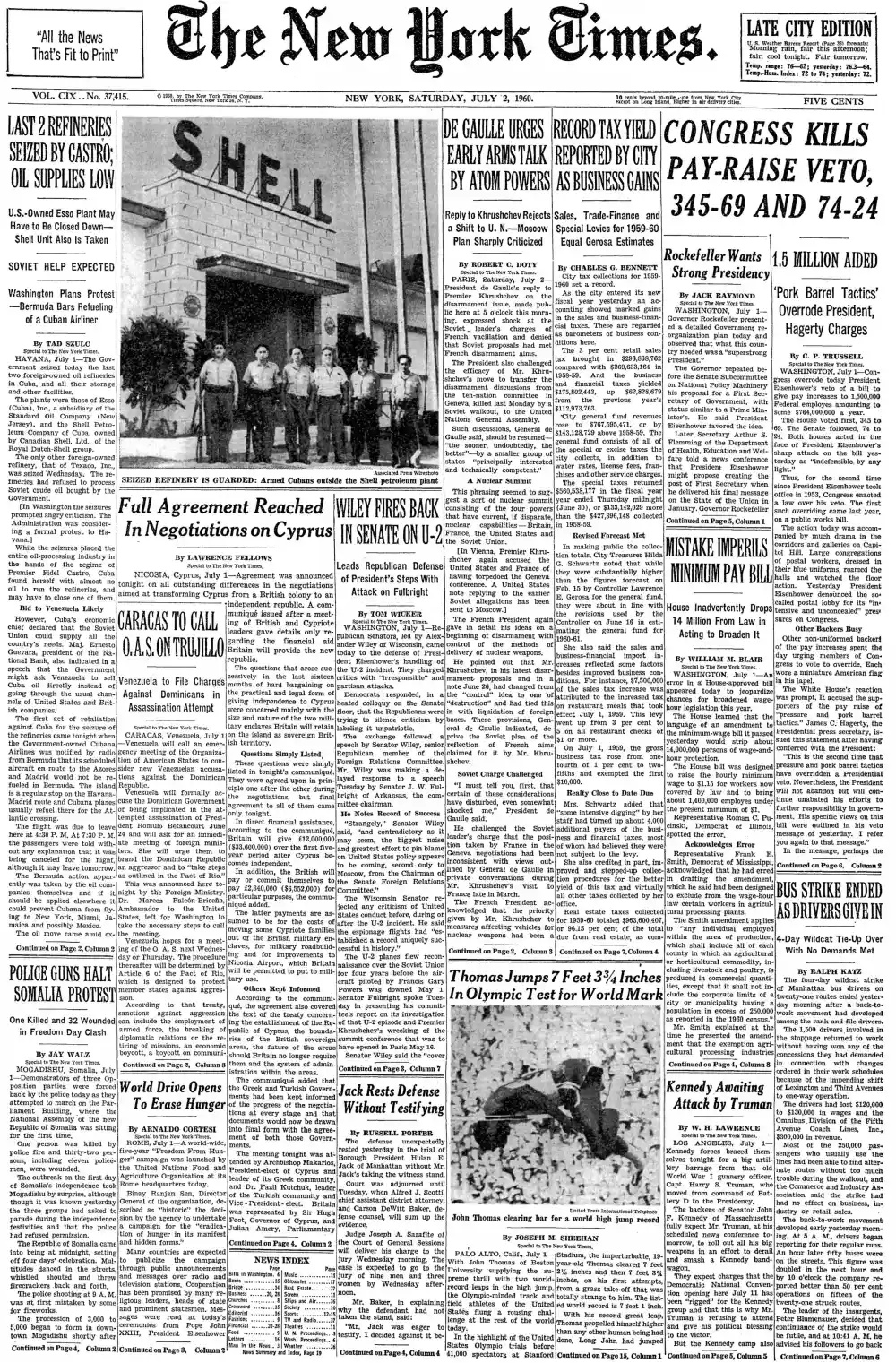 Saturday, July 2, 1960 – The New York Times Front Page