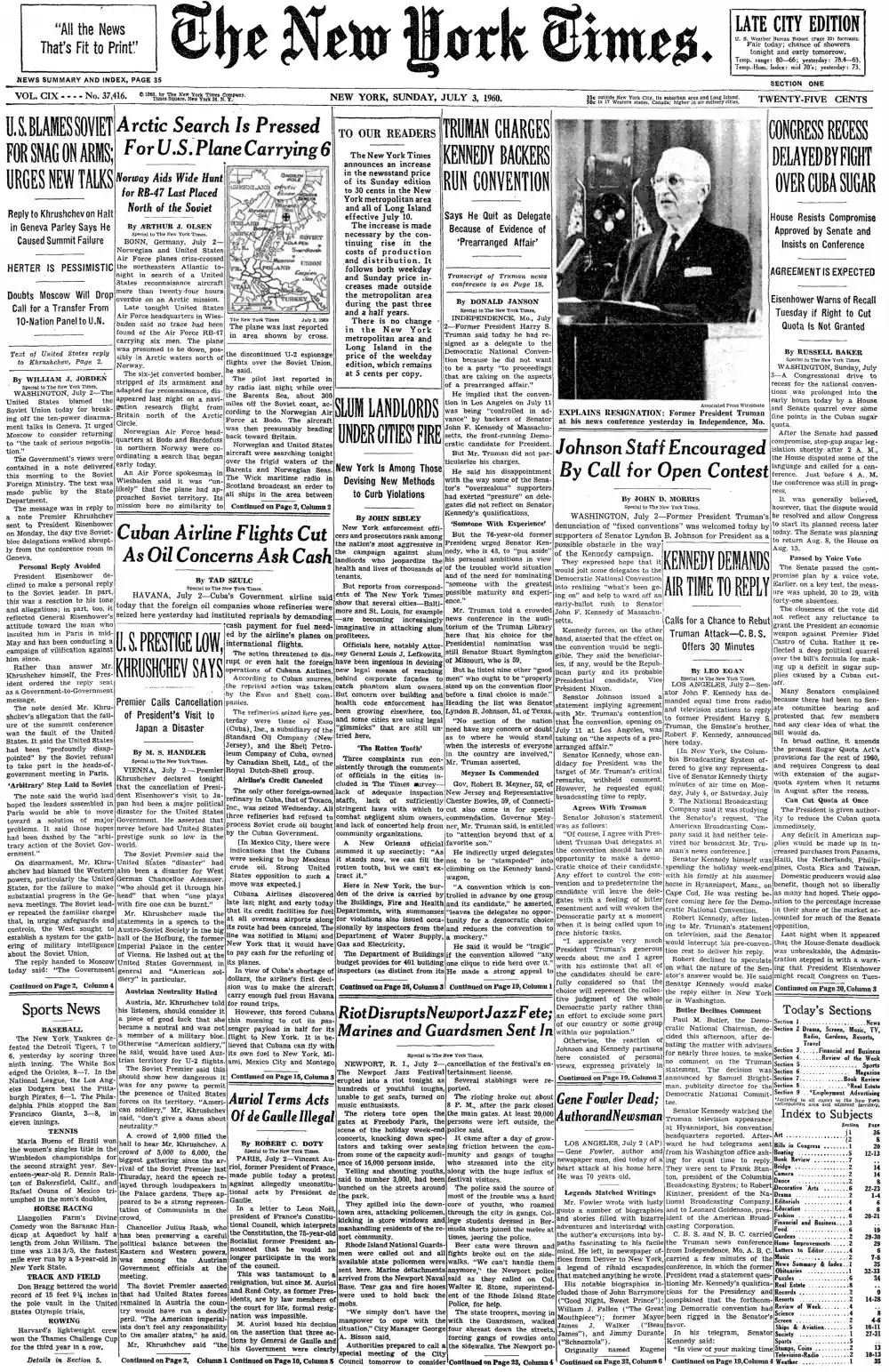 Sunday, July 3, 1960 – The New York Times Front Page