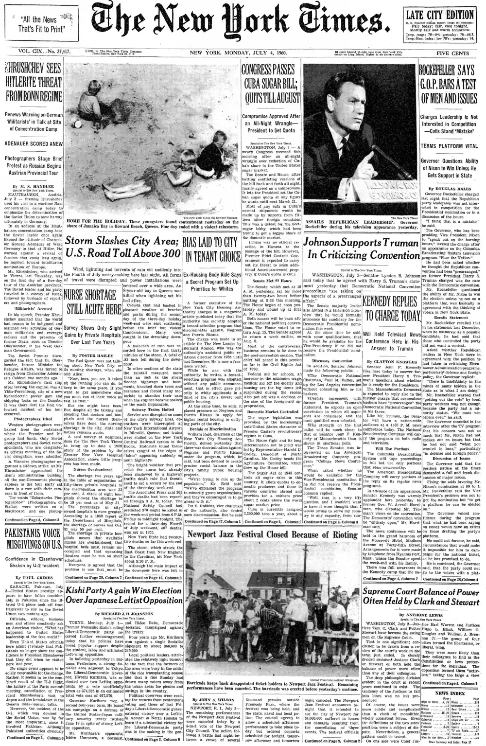 Monday, July 4, 1960 – The New York Times Front Page