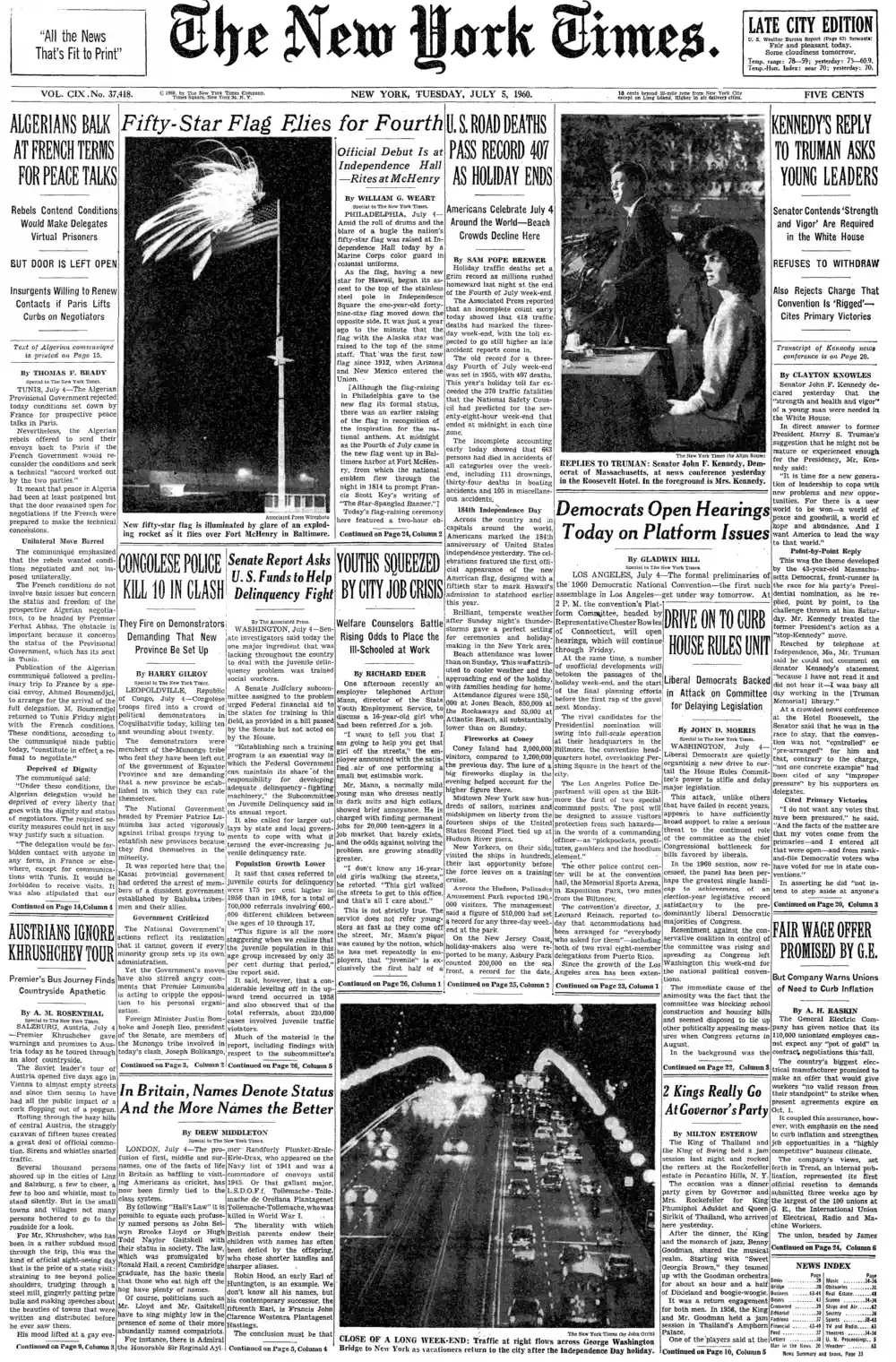 Tuesday, July 5, 1960 – The New York Times Front Page