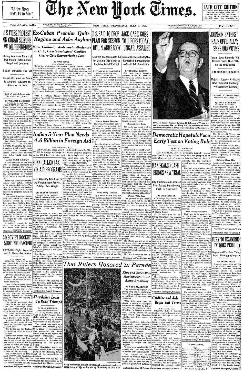 Wednesday, July 6, 1960 – The New York Times Front Page
