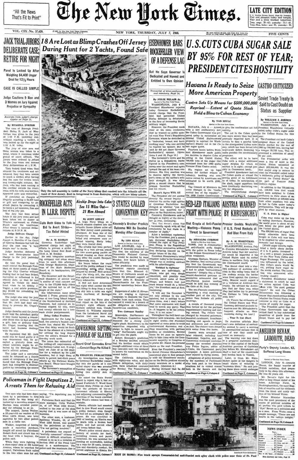 Thursday, July 7, 1960 – The New York Times Front Page