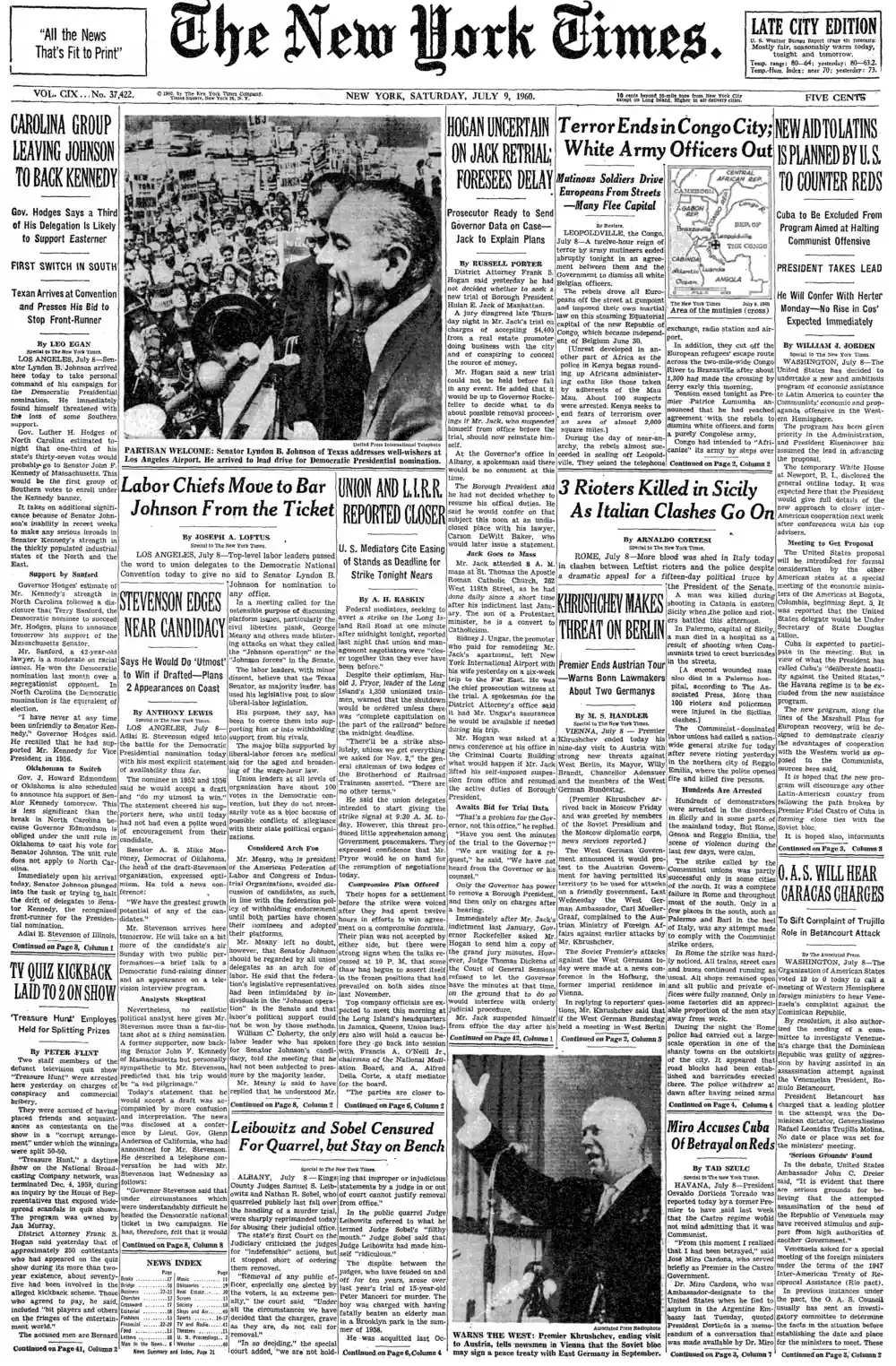 Saturday, July 9, 1960 – The New York Times Front Page