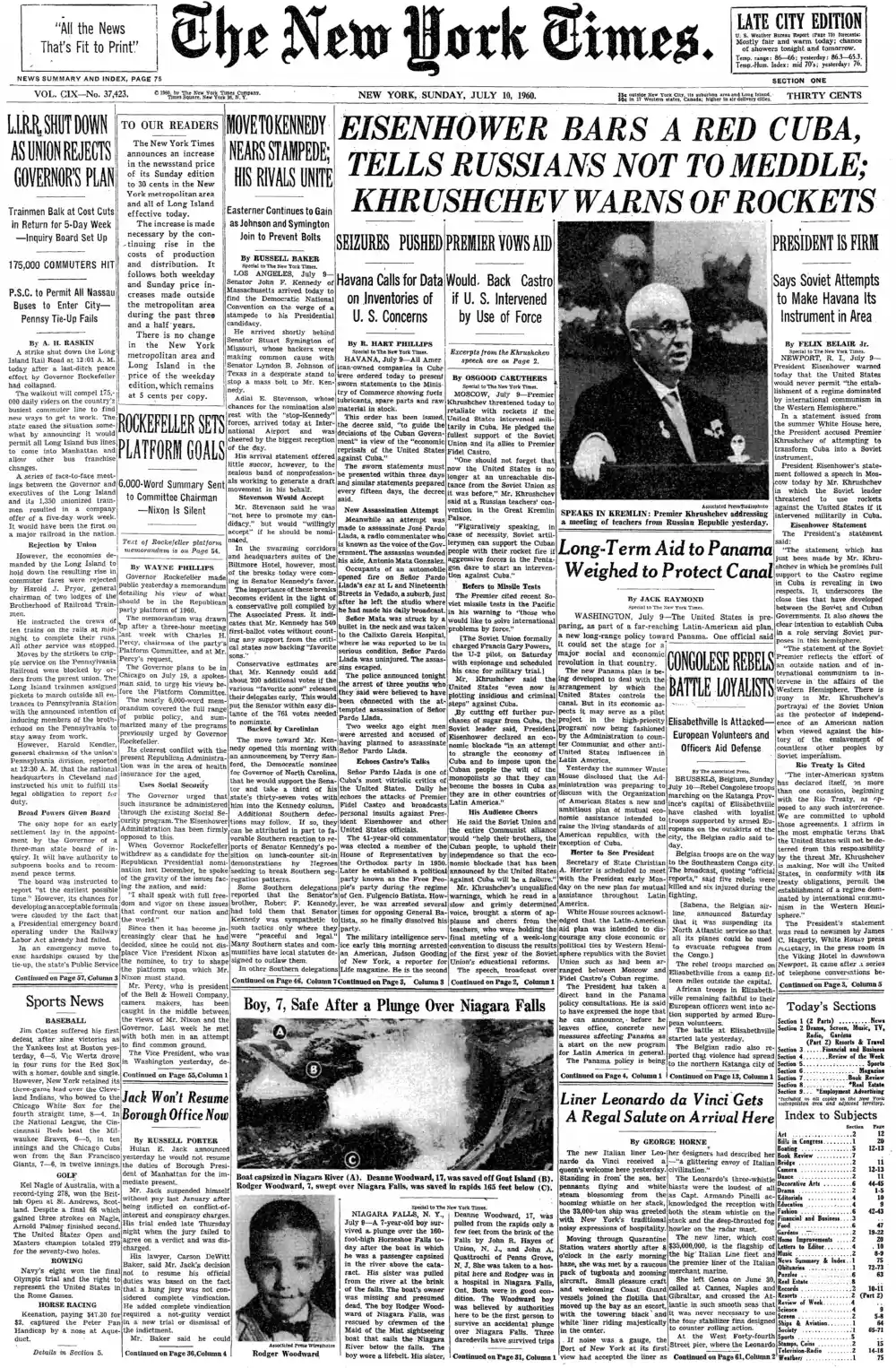 Sunday, July 10, 1960 – The New York Times Front Page