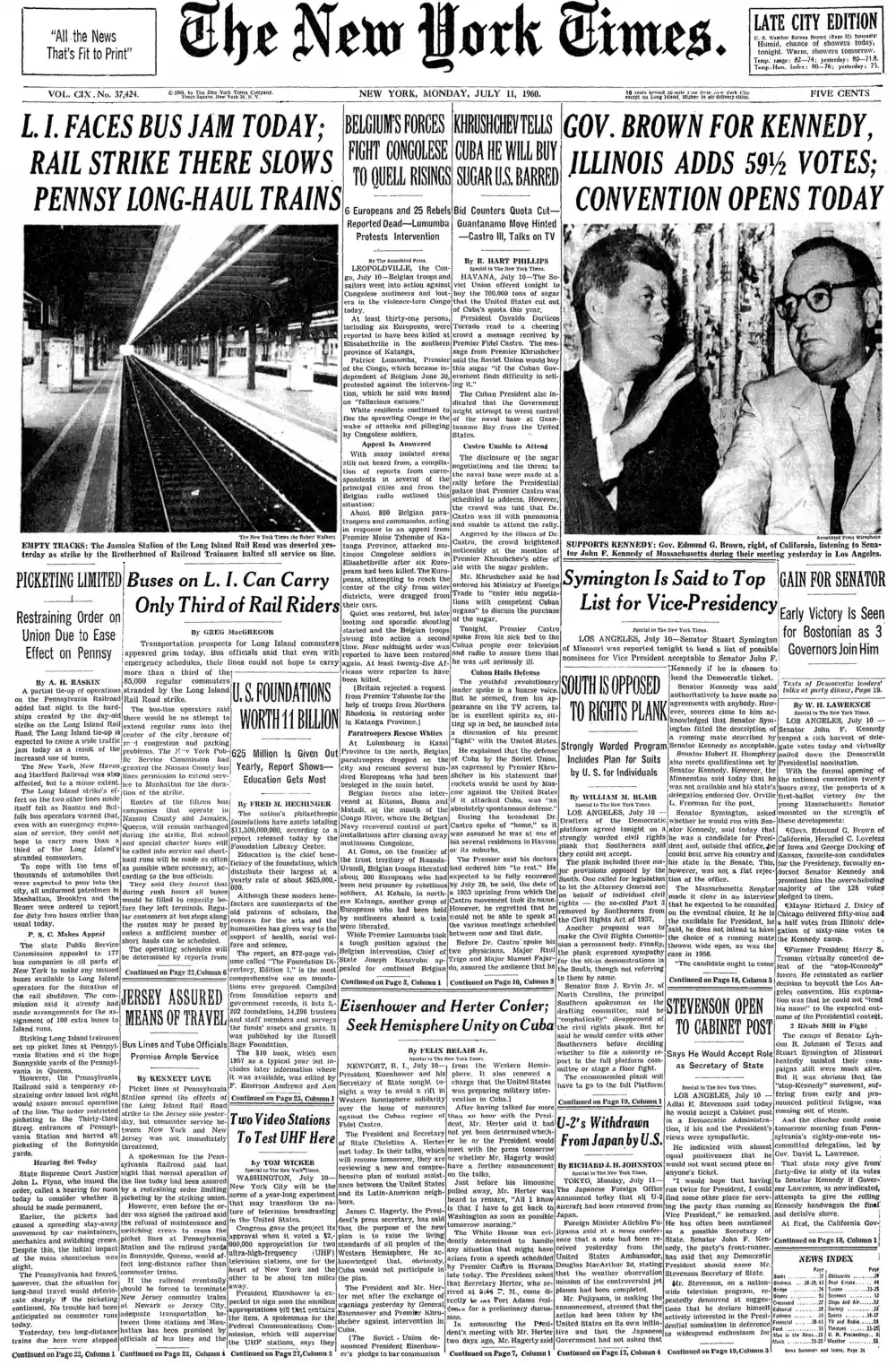Monday, July 11, 1960 – The New York Times Front Page
