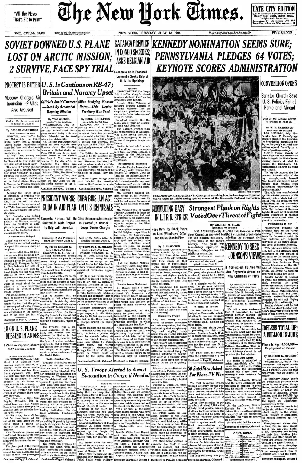 Tuesday, July 12, 1960 – The New York Times Front Page
