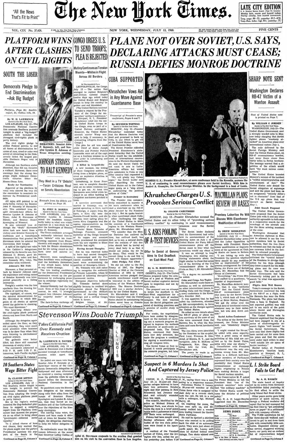 Wednesday, July 13, 1960 – The New York Times Front Page