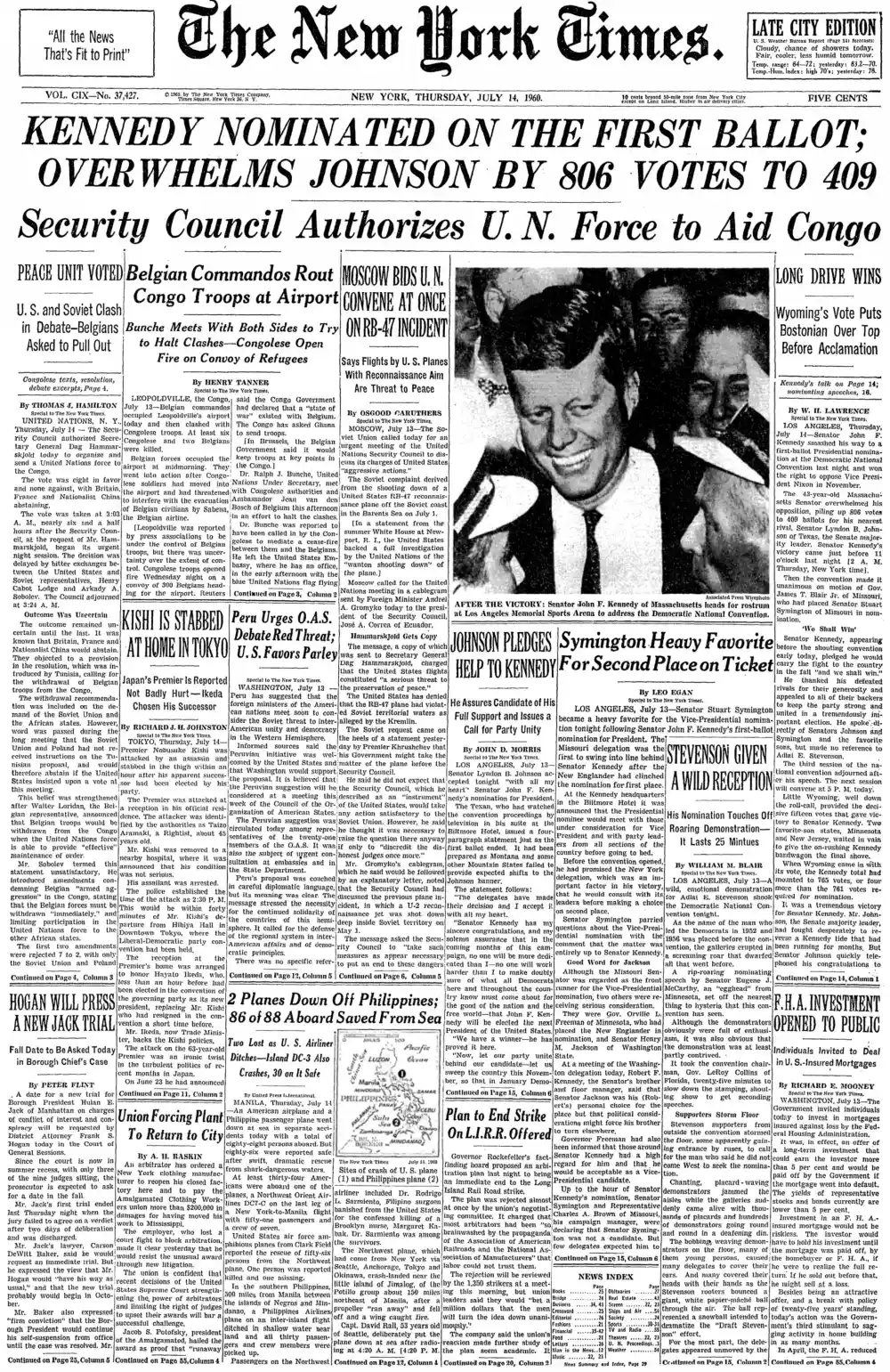 Thursday, July 14, 1960 – The New York Times Front Page