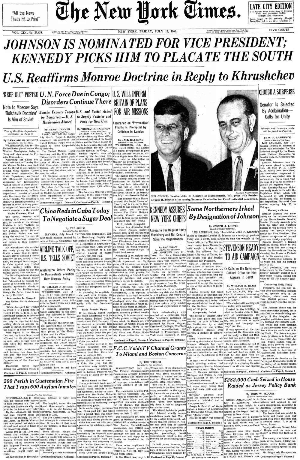 Friday, July 15, 1960 – The New York Times Front Page