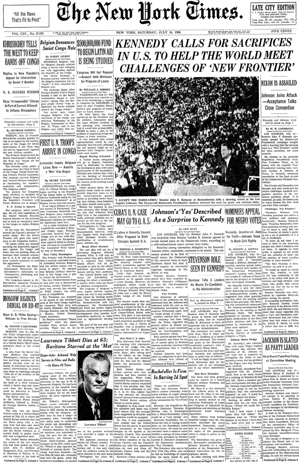 Saturday, July 16, 1960 – The New York Times Front Page