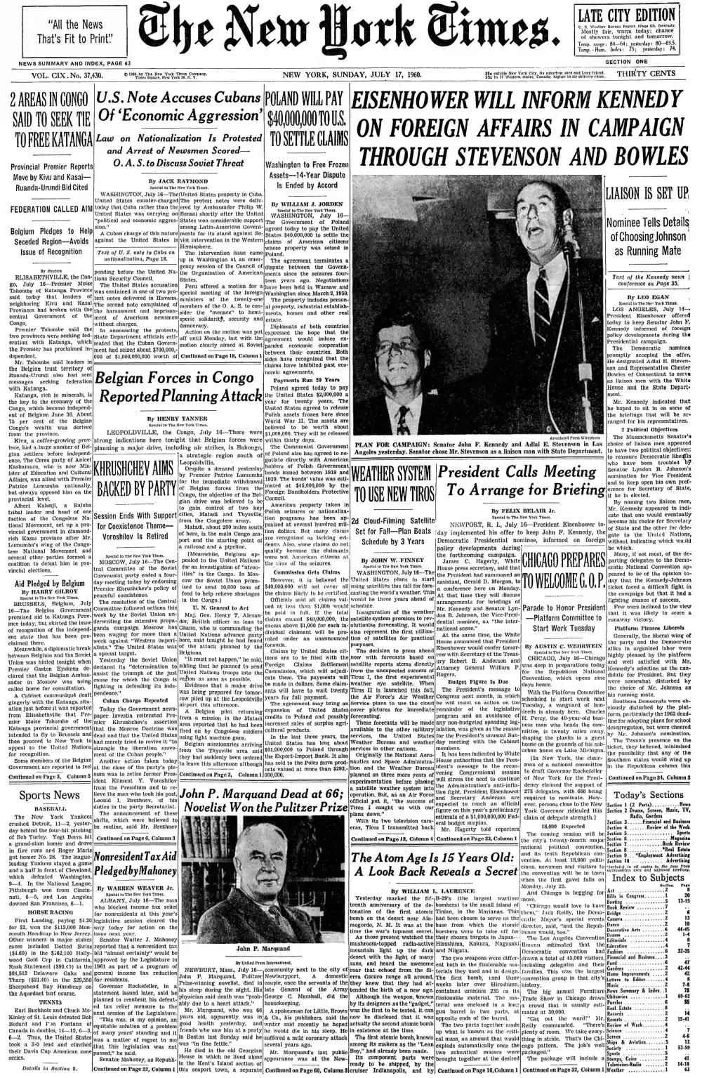 Sunday, July 17, 1960 – The New York Times Front Page