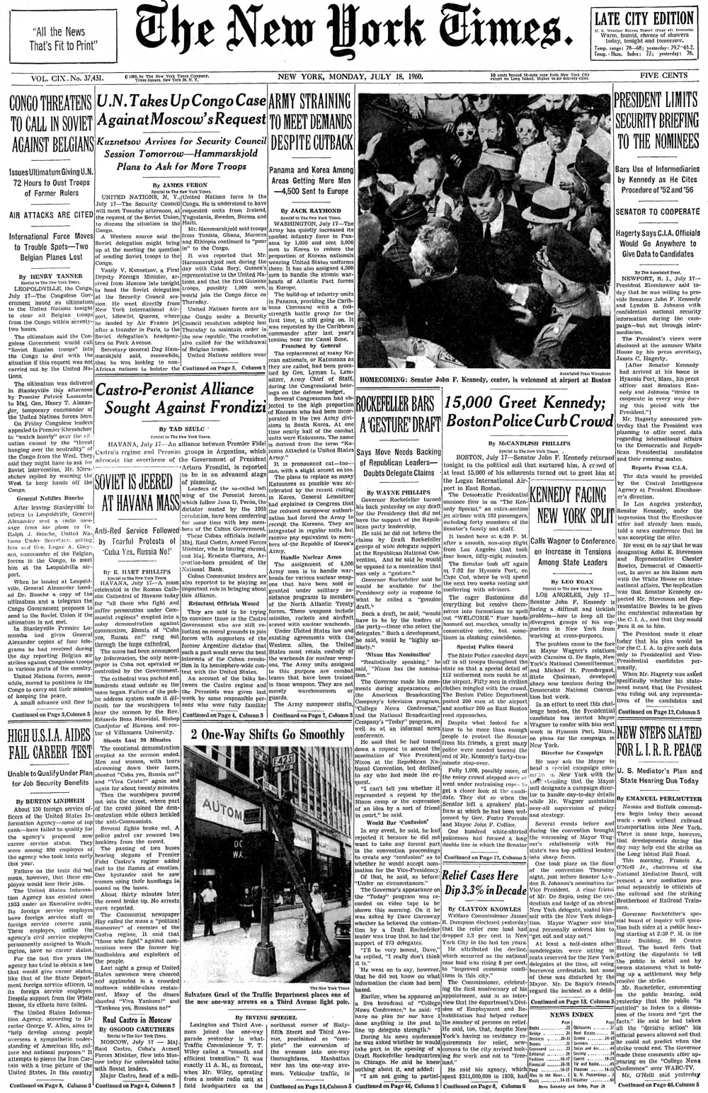 Monday, July 18, 1960 – The New York Times Front Page