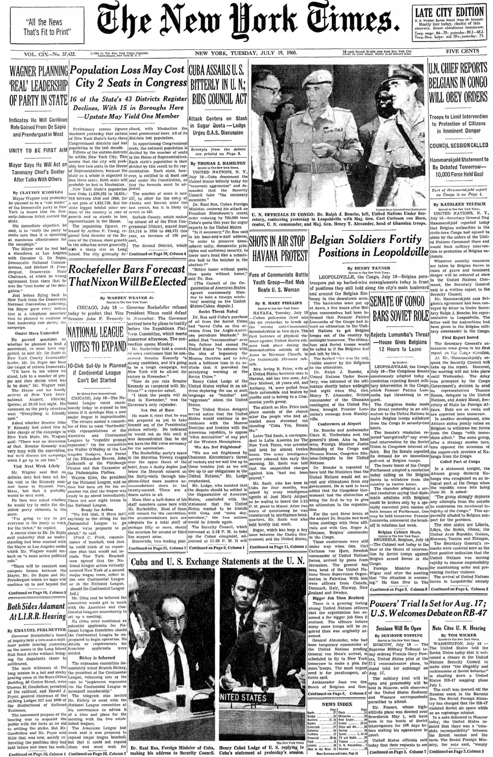Tuesday, July 19, 1960 – The New York Times Front Page