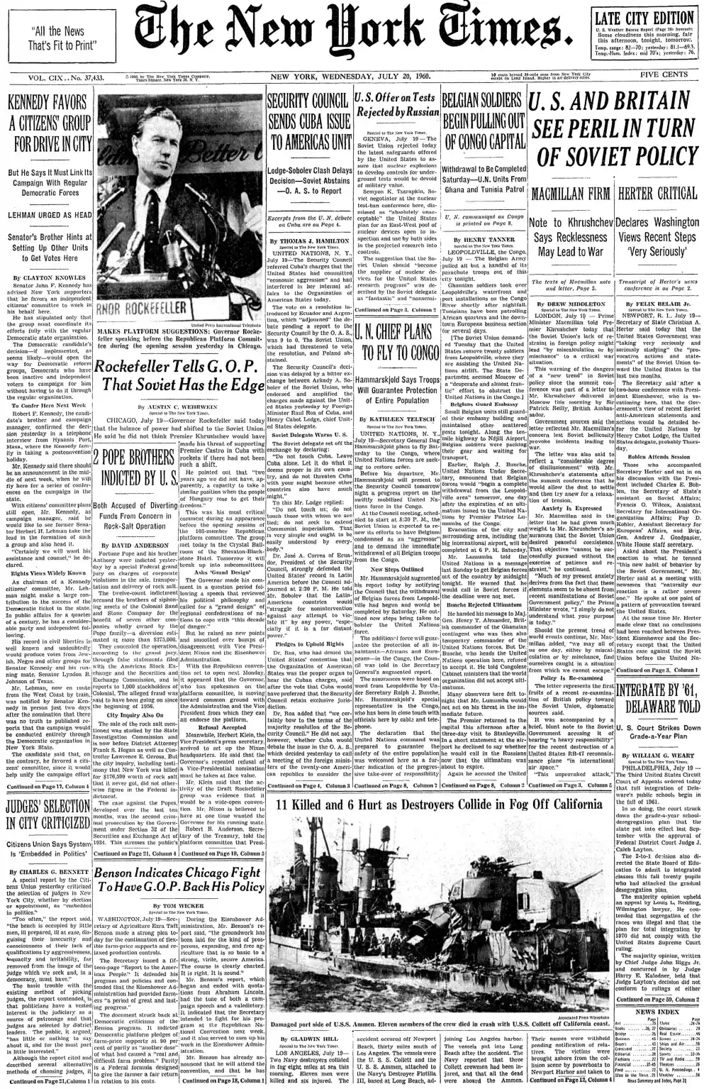 Wednesday, July 20, 1960 – The New York Times Front Page