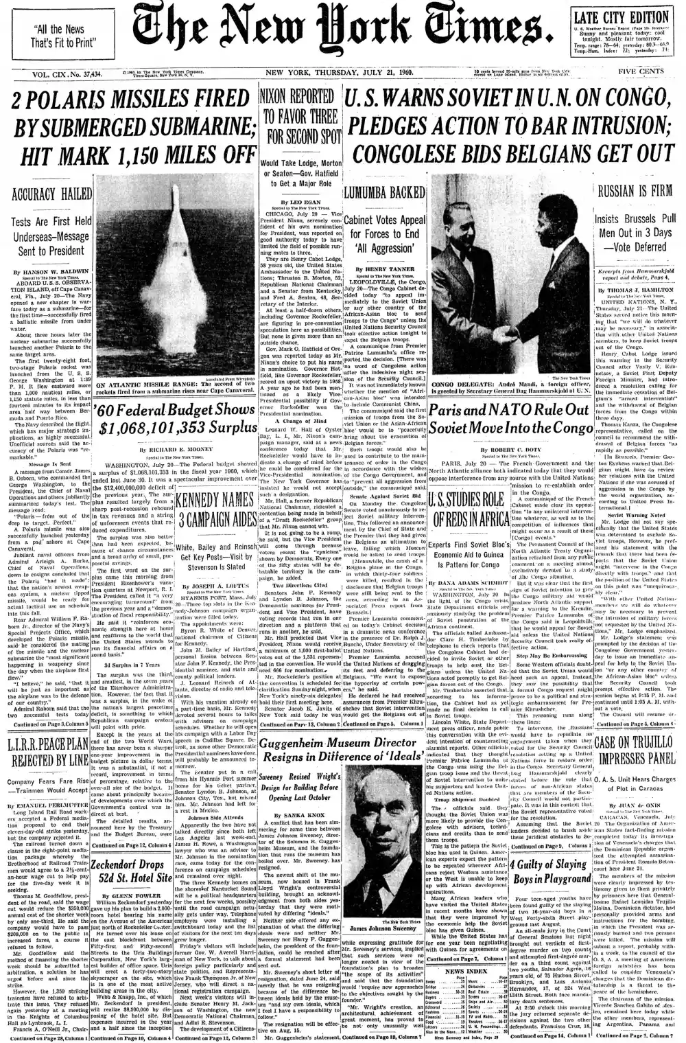 Thursday, July 21, 1960 – The New York Times Front Page