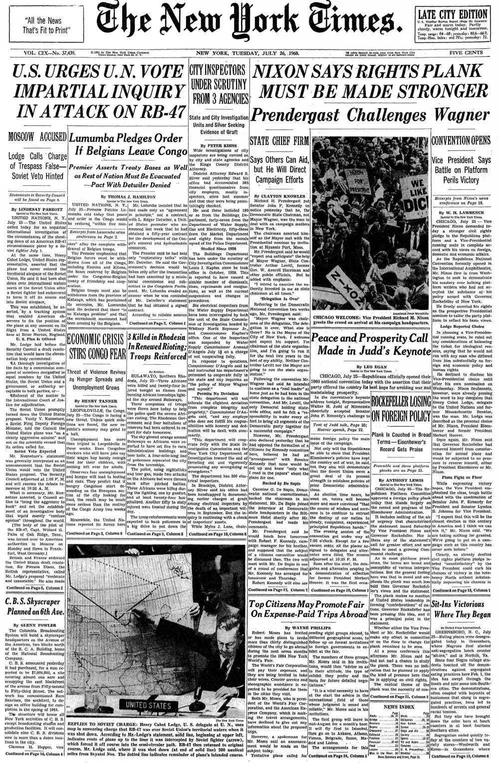 Tuesday, July 26, 1960 – The New York Times Front Page