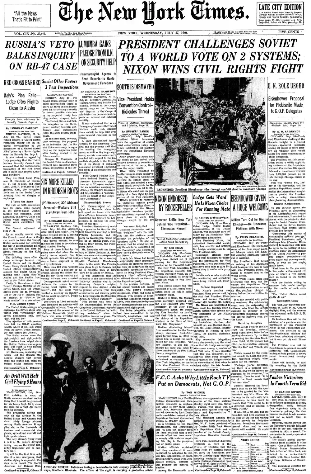 Wednesday, July 27, 1960 – The New York Times Front Page