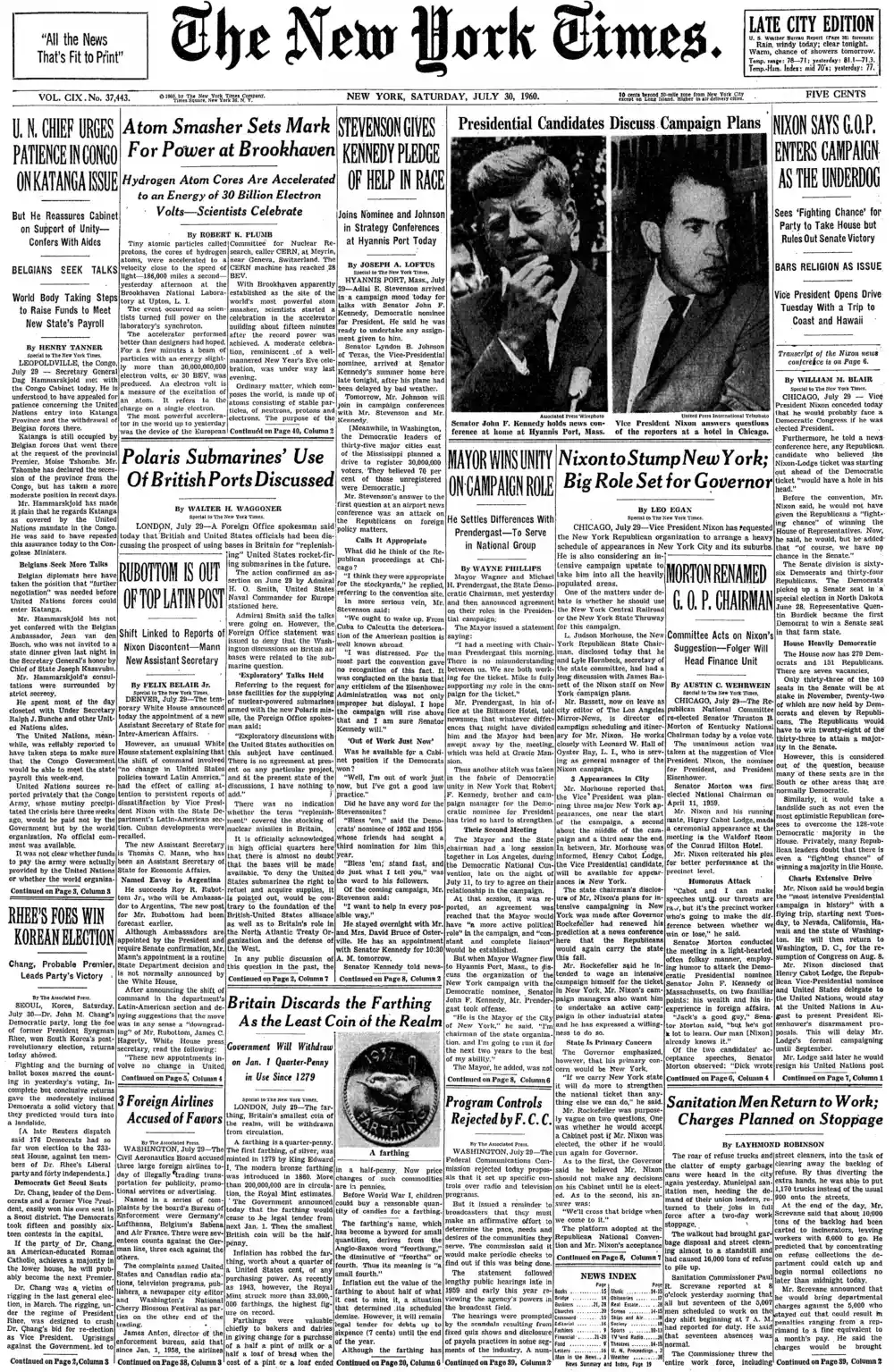 Saturday, July 30, 1960 – The New York Times Front Page