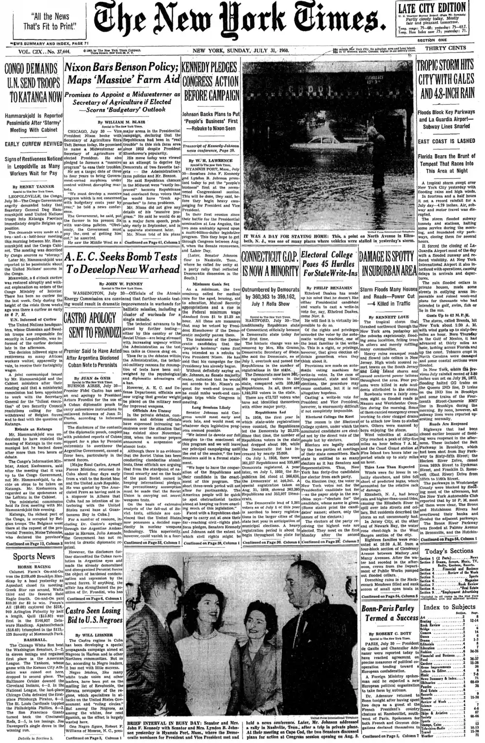 Sunday, July 31, 1960 – The New York Times Front Page