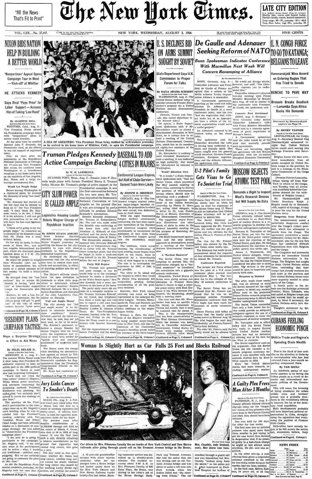 Wednesday, August 3, 1960 – The New York Times Front Page