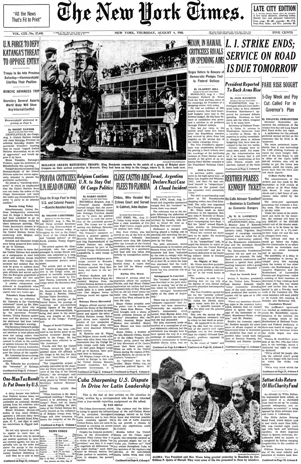 Thursday, August 4, 1960 – The New York Times Front Page