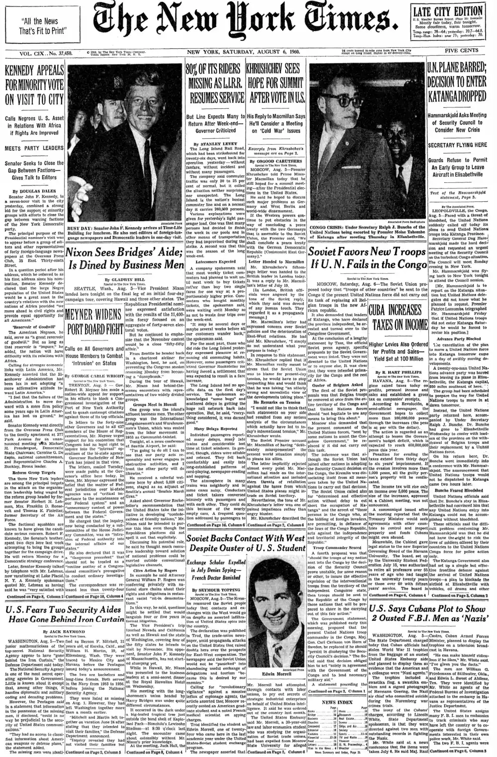 Saturday, August 6, 1960 – The New York Times Front Page